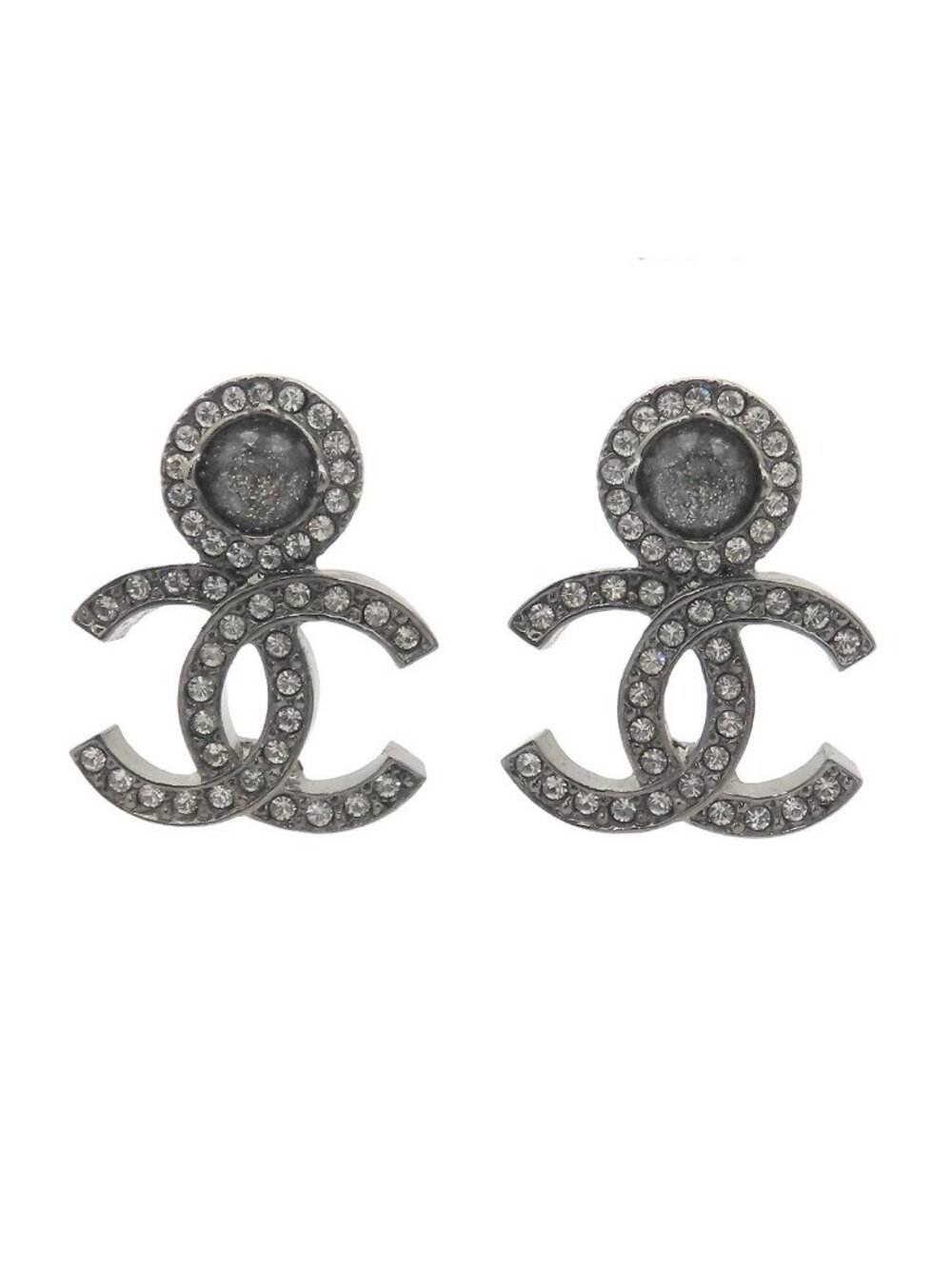 Chanel Earrings Silver Metal Rhinestone CC Logo